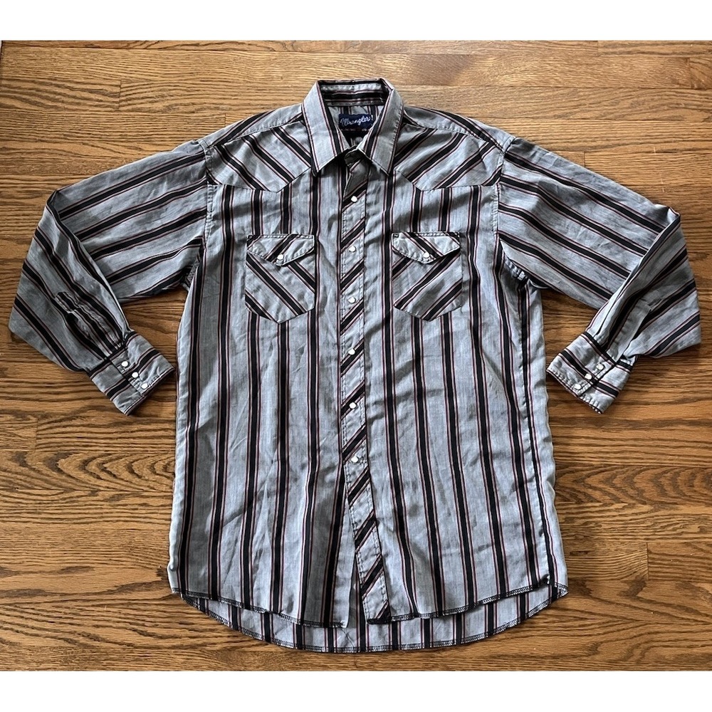 VTG Wrangler Pearl Snap Western Shirt - Black/Gray/Red X-Long Tail - Large - Picture 2 of 10